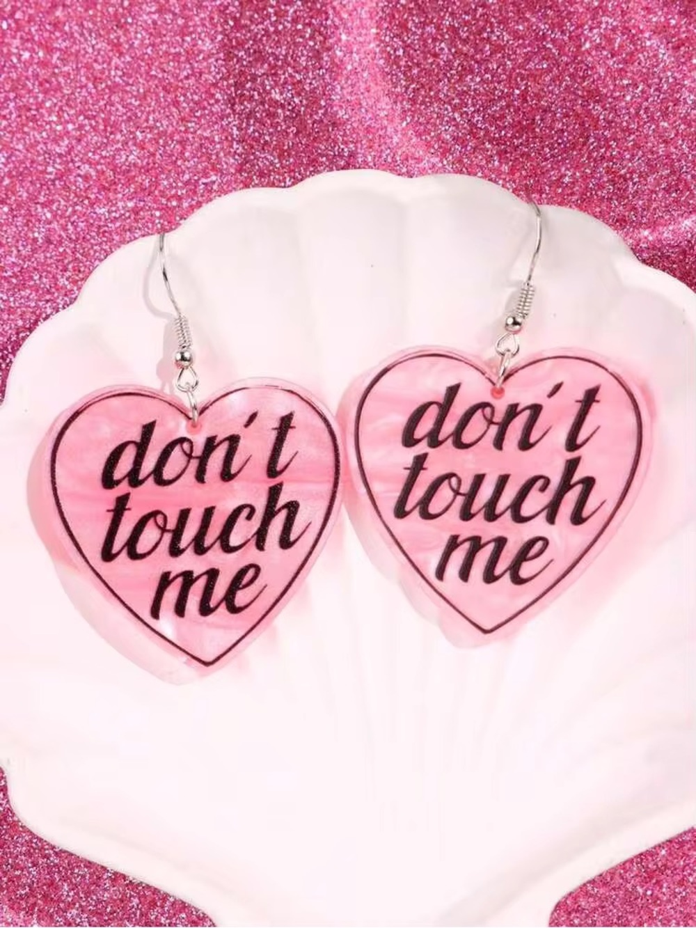Pink Heart Statement Dangle Earrings with 'Don't Touch Me' Script